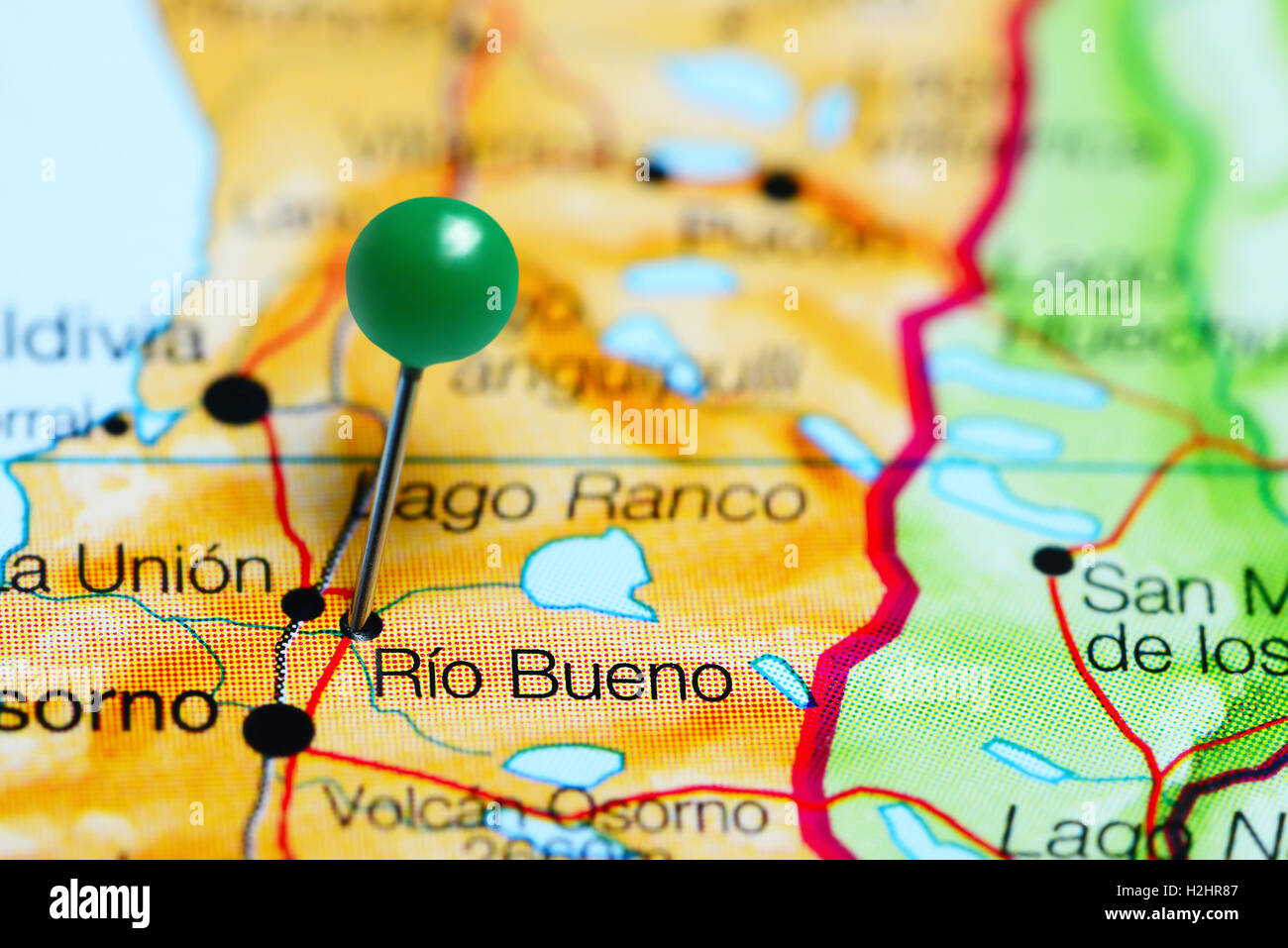 Rio Bueno pinned on a map of Chile Stock Photo