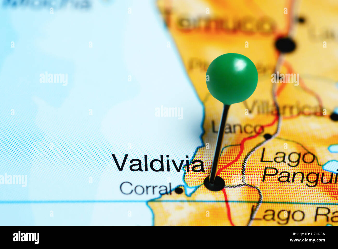 Valdivia pinned on a map of Chile Stock Photo