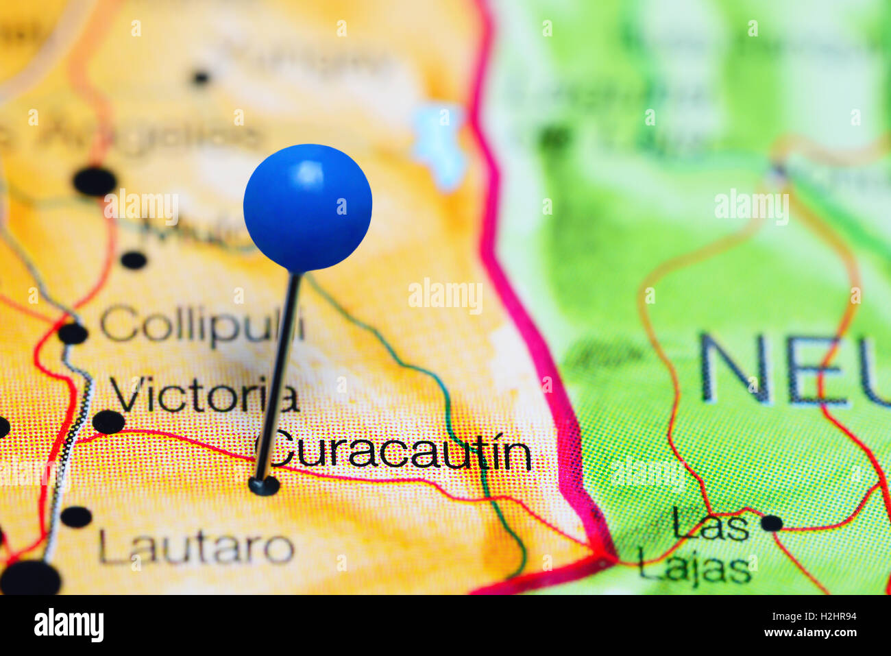 Curacautin pinned on a map of Chile Stock Photo