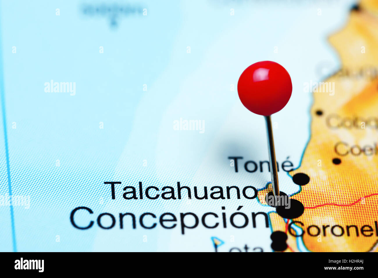 Talcahuano pinned on a map of Chile Stock Photo