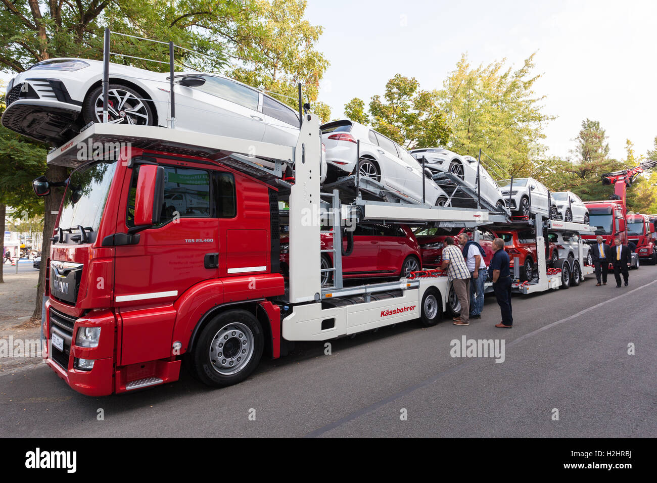 MAN TGS 23.460 car transporter loaded with Volkswagen Golf GTIs Stock Photo