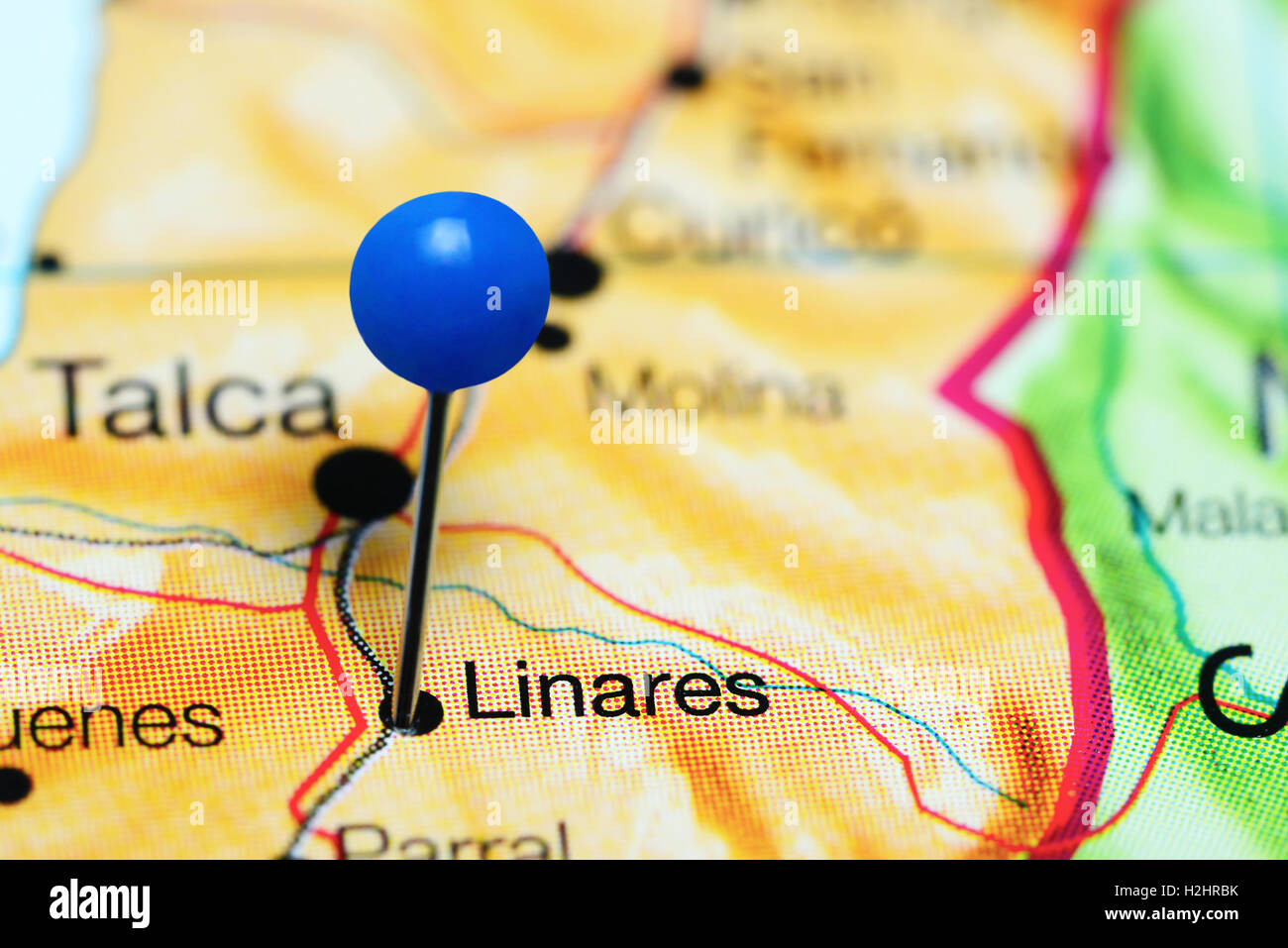 Linares pinned on a map of Chile Stock Photo