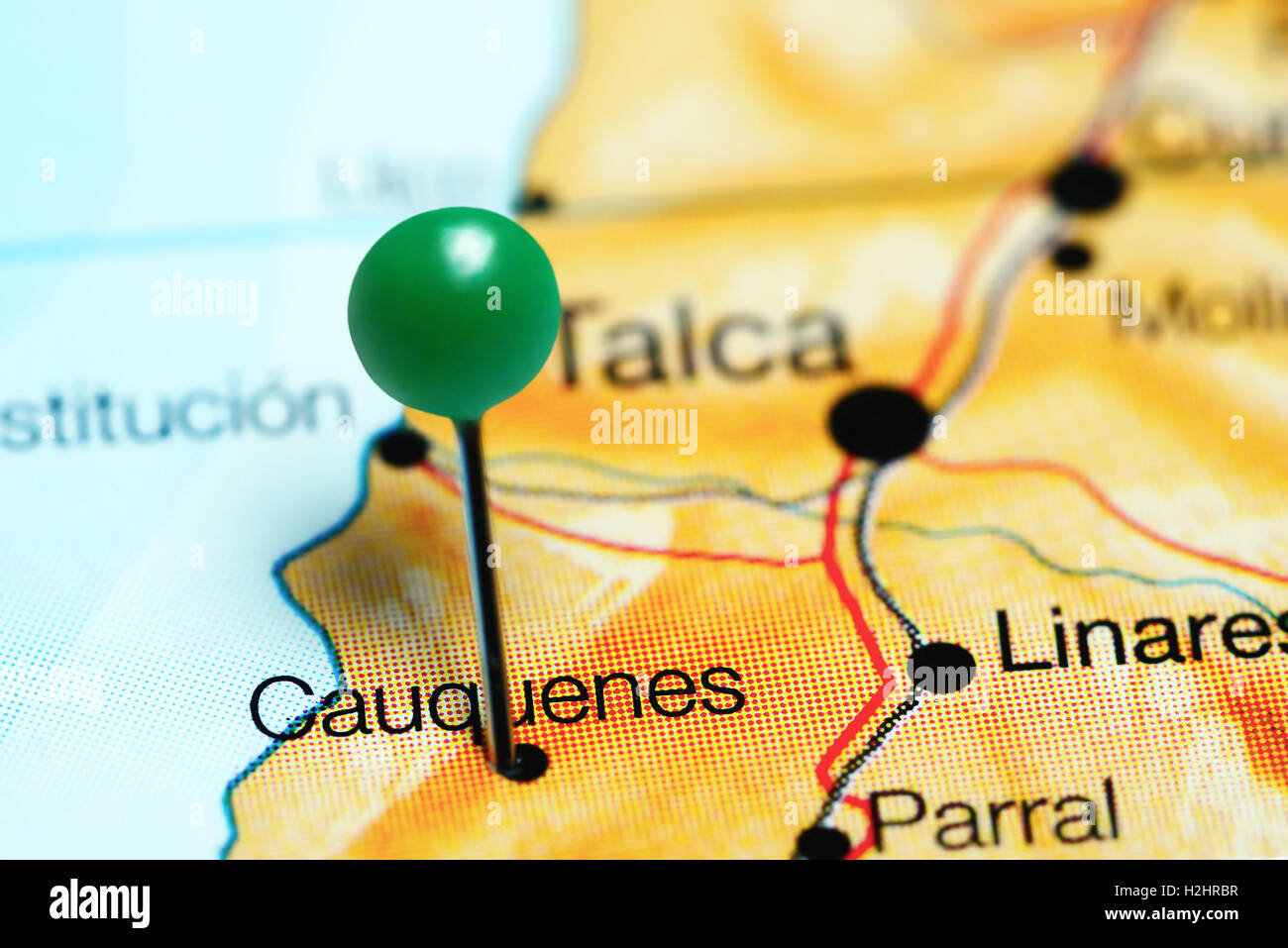 Cauquenes pinned on a map of Chile Stock Photo