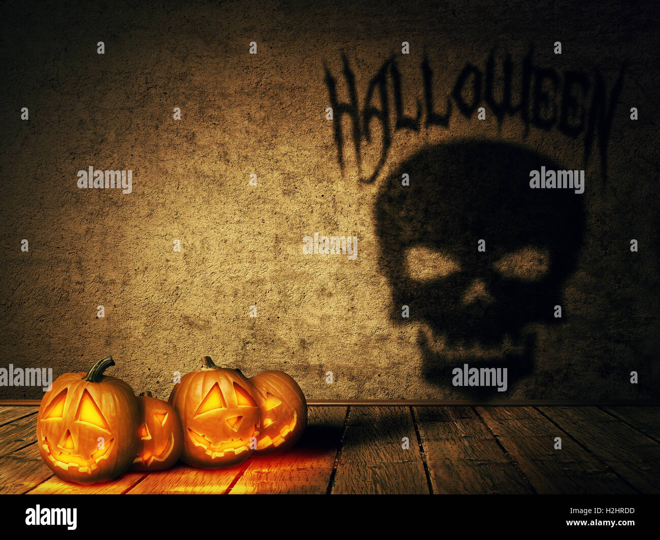 Lot of pumpkins, jack-o'-lantern casting a shadow shaped as a skull. Surreal Halloween celebration concept. Stock Photo