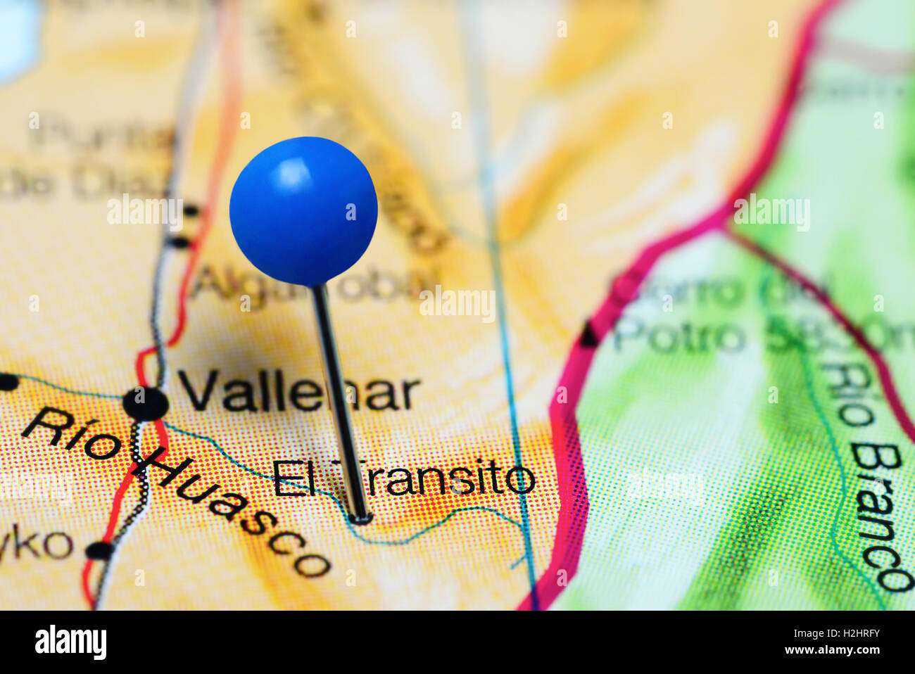 El Transito pinned on a map of Chile Stock Photo