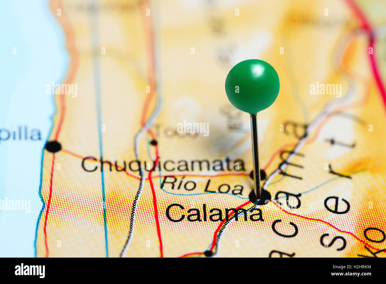 Calama pinned on a map of Chile Stock Photo