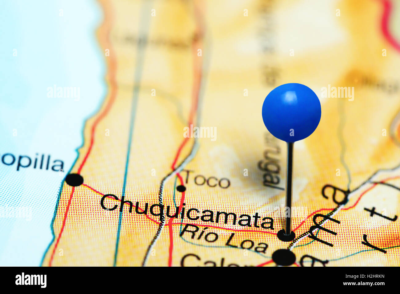 Chuquicamata pinned on a map of Chile Stock Photo