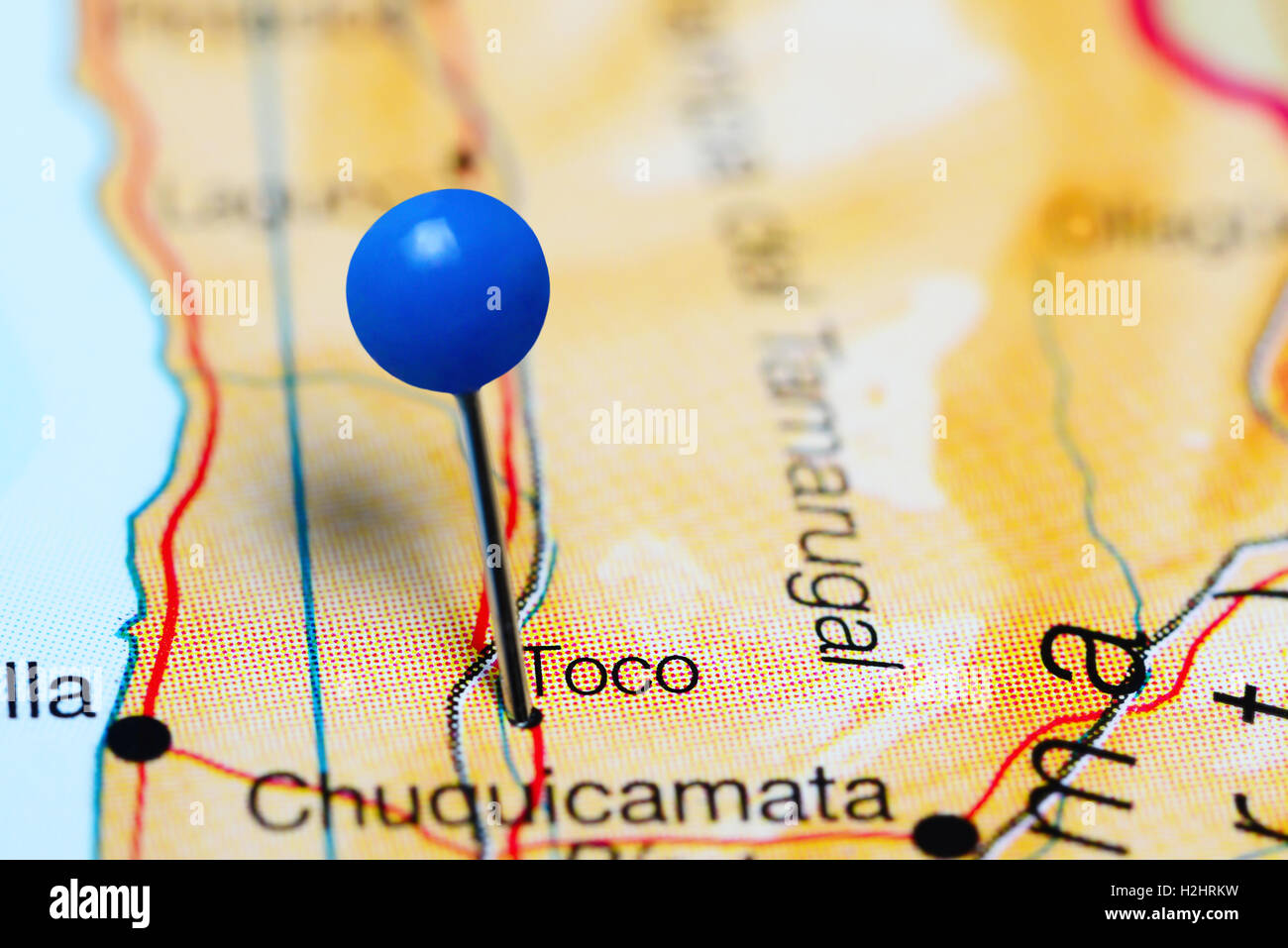 Toco pinned on a map of Chile Stock Photo