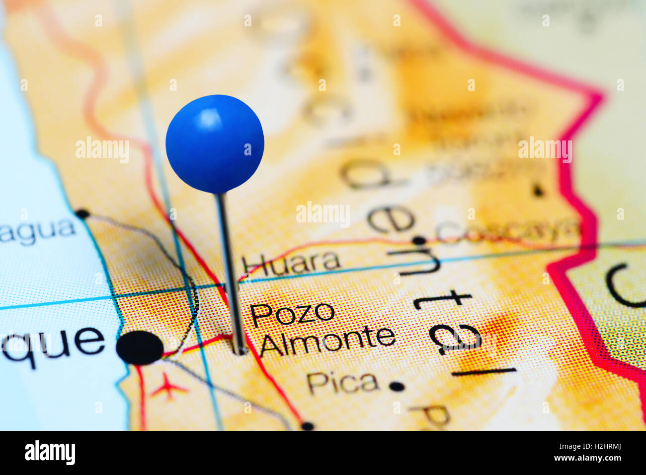 Pozo Almonte pinned on a map of Chile Stock Photo