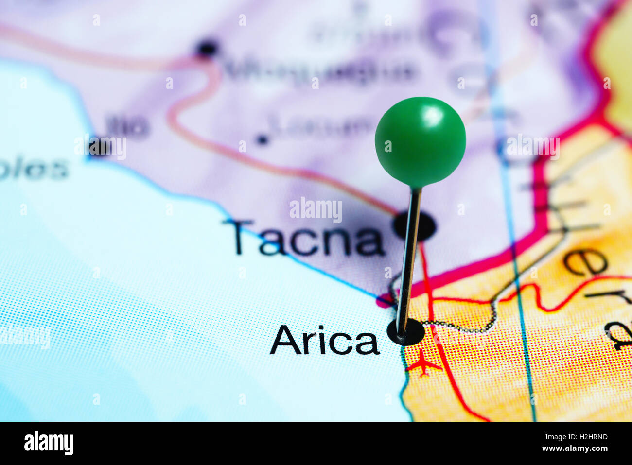 Arica pinned on a map of Chile Stock Photo