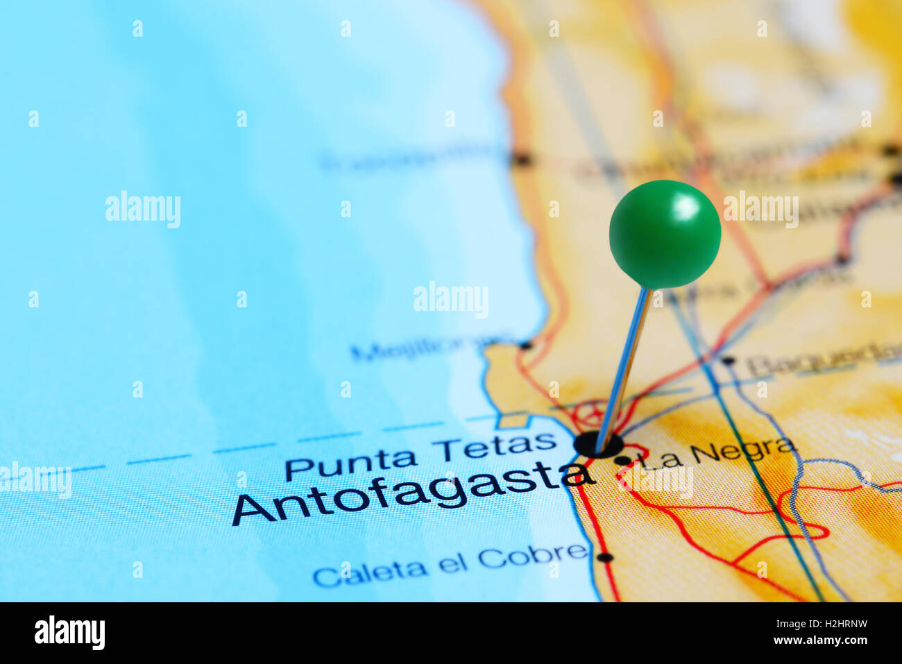 Antofagasta pinned on a map of Chile Stock Photo