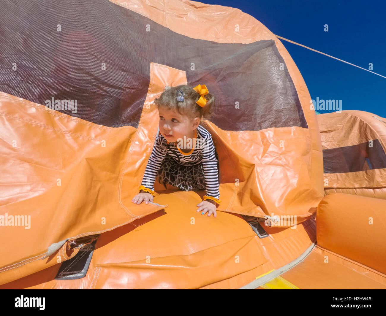 Toddler playing on bounce house at the pumpkin patch Stock Photo - Alamy
