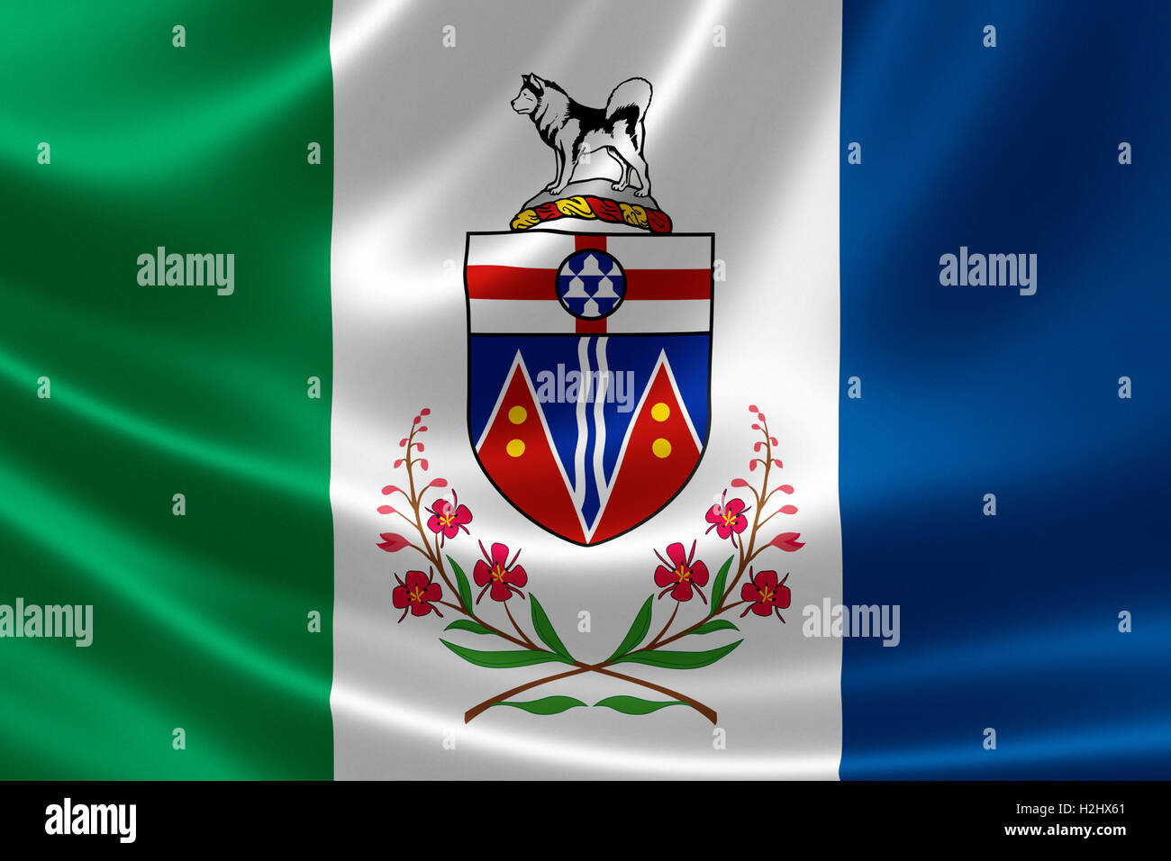 3D rendering of the Canadian territory flag of Yukon on satin texture. Stock Photo