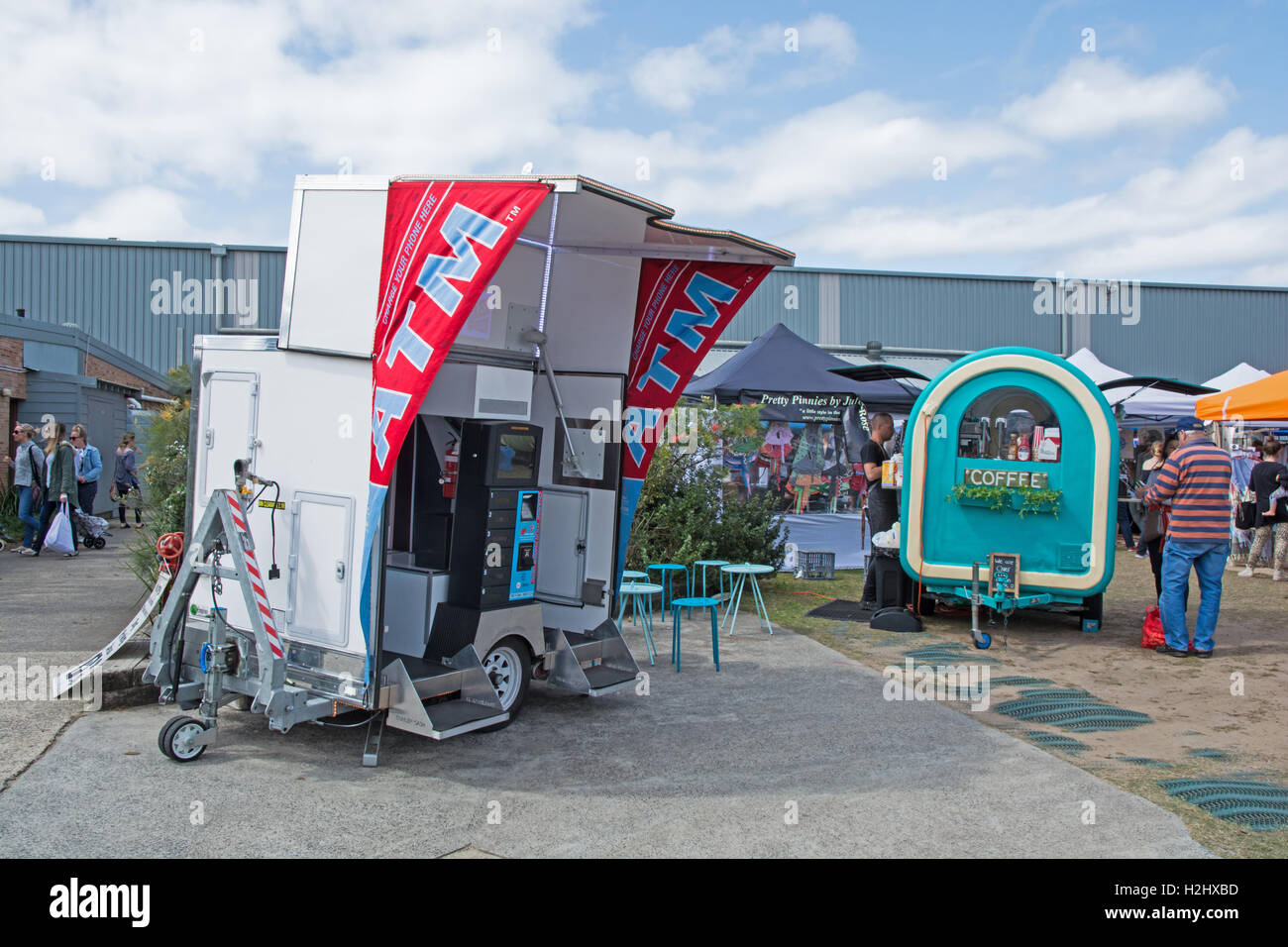 Mobile Automatic Teller Machine and Coffee Bar at The Beaches Organic and Fresh Food Market at Warriewood.  Sydney Australia. Stock Photo