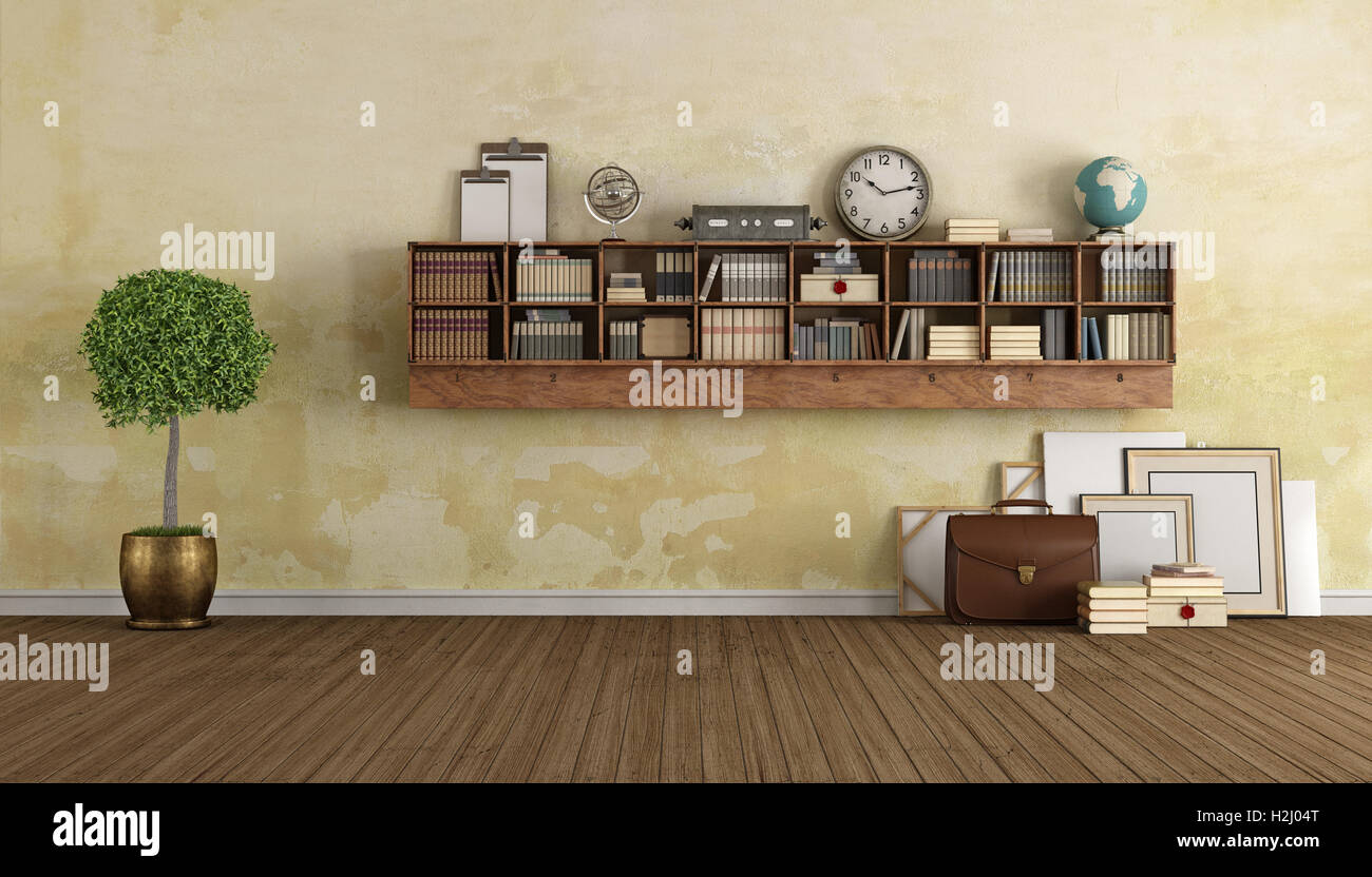 Vintage living room with wooden bookcase and decor objects - 3D Rendering Stock Photo