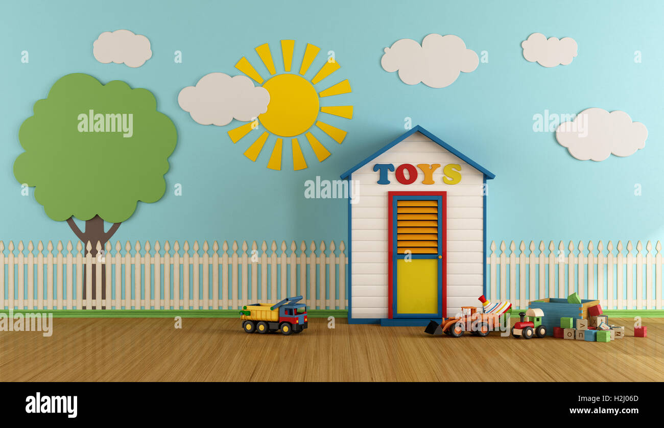 Playroom with small wooden house toys 3d rendering Stock Photo Alamy