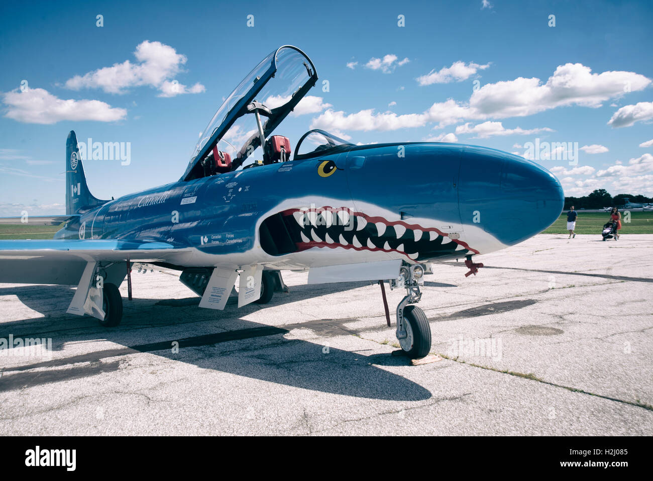 WINDSOR, CANADA - SEPT 10, 2016: Jet Aircraft Museum (JAM) T-33 Silver Star Jet Trainer painted as the “Mako Shark”, in exhibit Stock Photo