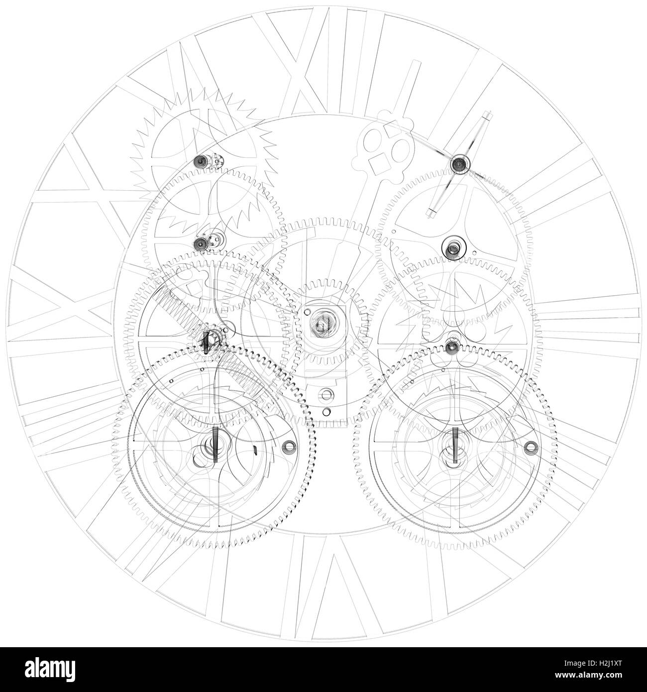 Clock mechanism. Wireframe render Stock Photo Alamy