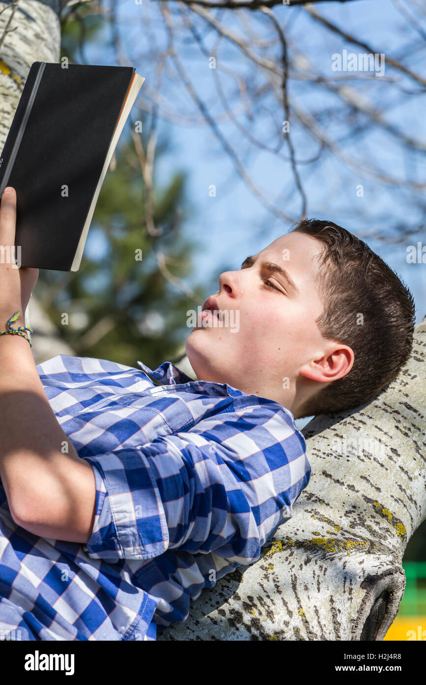 Shallow Reading Young boy reading a book in the woods with shallow depth of fiel Stock ...