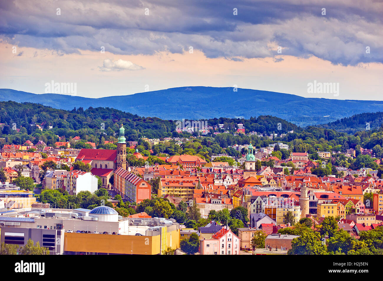 City view of Jelenia Gora, Lower Silesia, Poland in foothills of Karkonosze Mountains on sunny day. Stock Photo