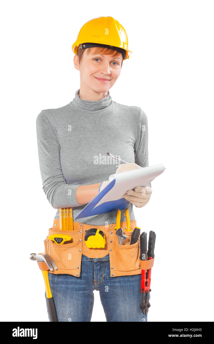 female worker writing in clipboard isolated Stock Photo - Alamy