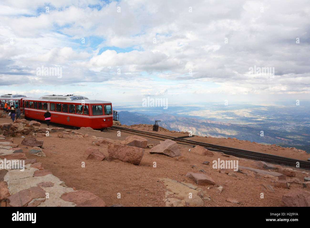 Pikes Peak Cog Railway Train - view from top of mountain Stock Photo