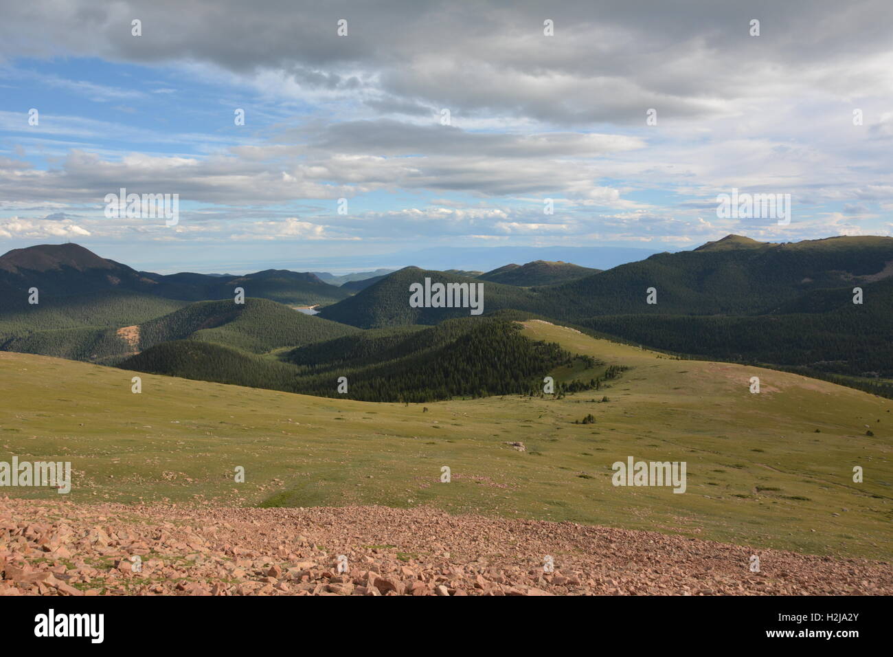 View of Rocky Mountains from Pikes Peak Cog Railway train in Colorado. Stock Photo