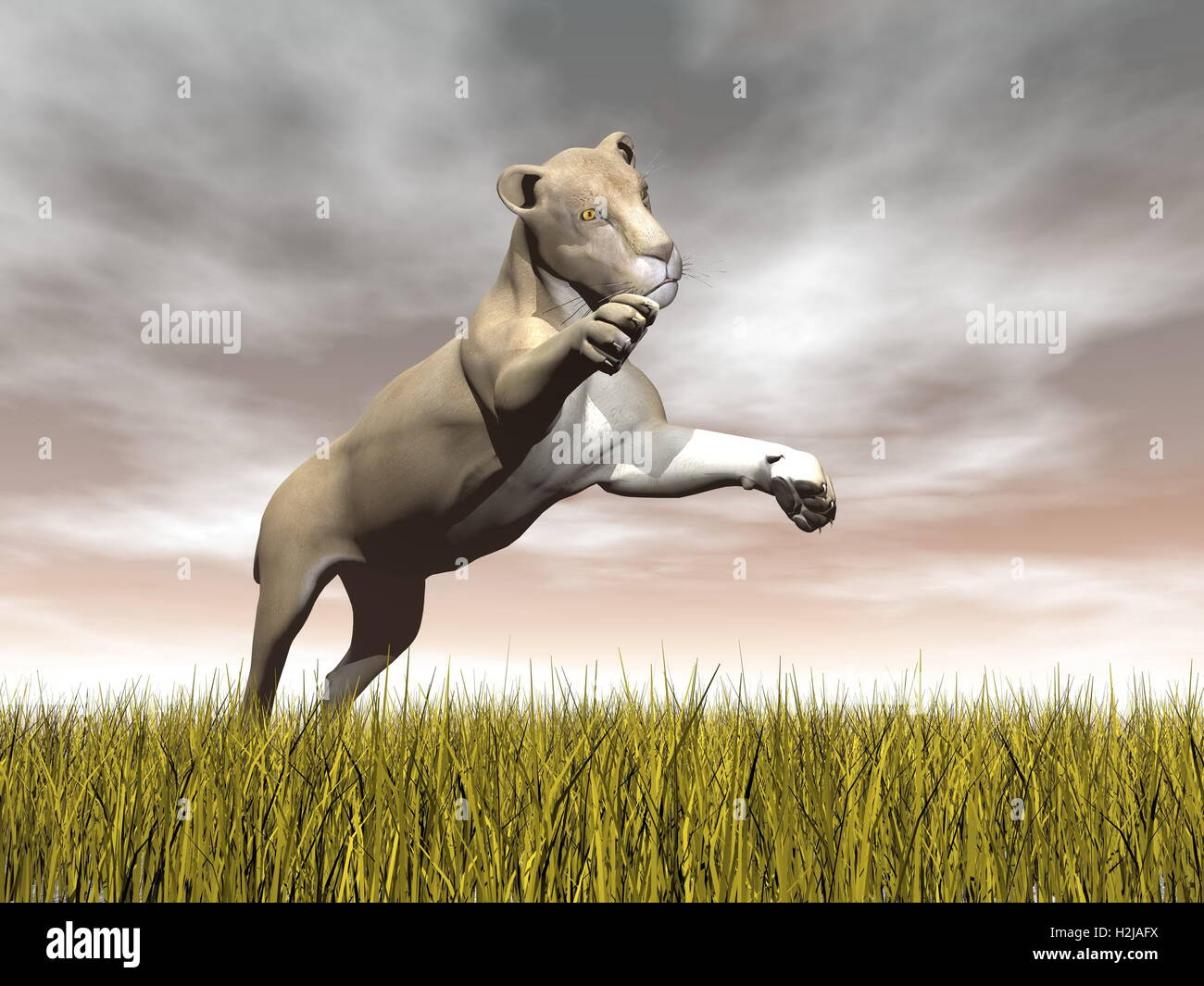 Lioness hunting - 3D render Stock Photo