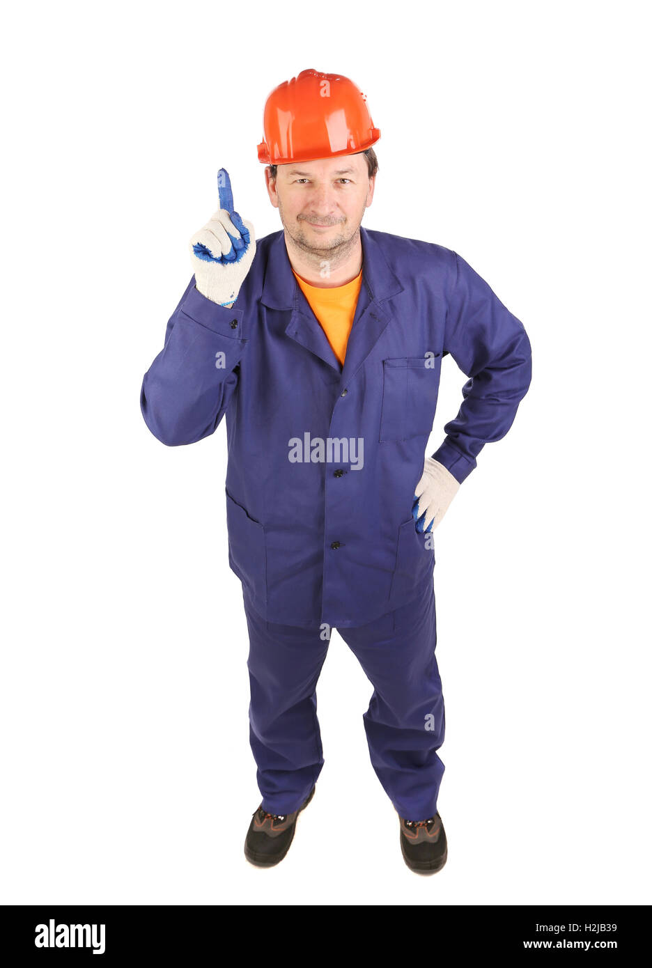 Worker in blue uniform show one Stock Photo - Alamy