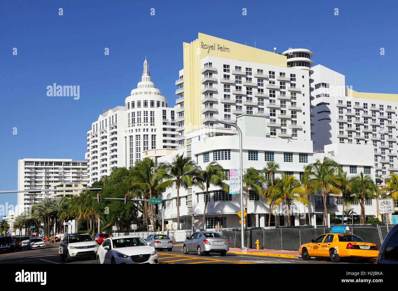 Resort hotels on Collins Avenue, Miami Beach, Florida, USA Stock Photo