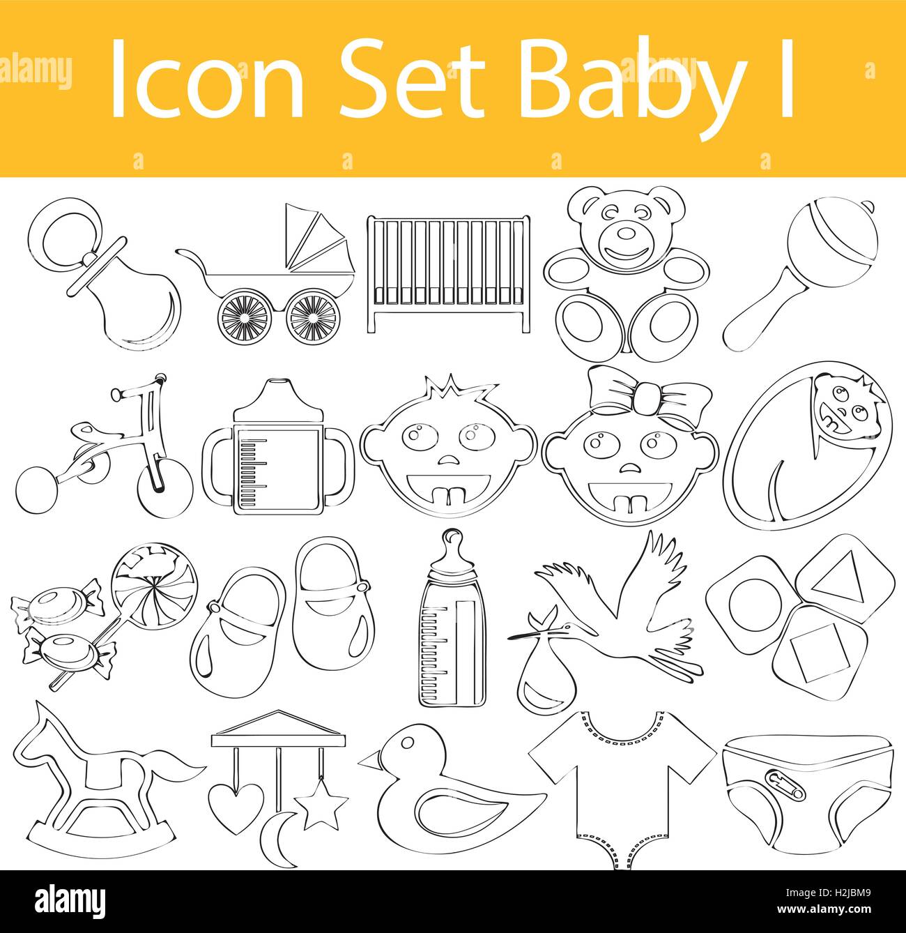 Drawn Doodle Lined Icon Set Baby with 20 icons for the creative use in graphic design Stock Vector