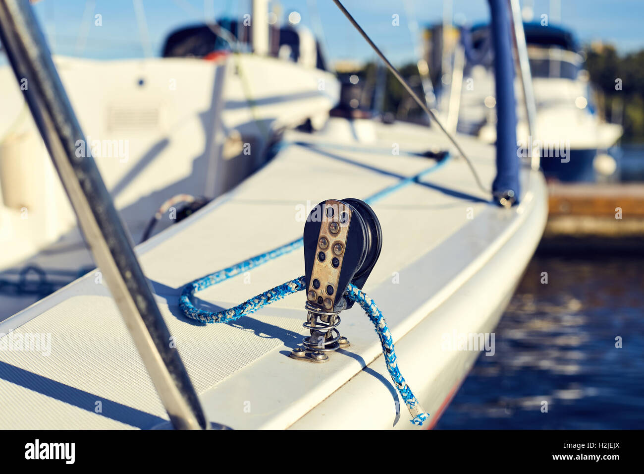 Equip yacht with braces for spinnaker Stock Photo