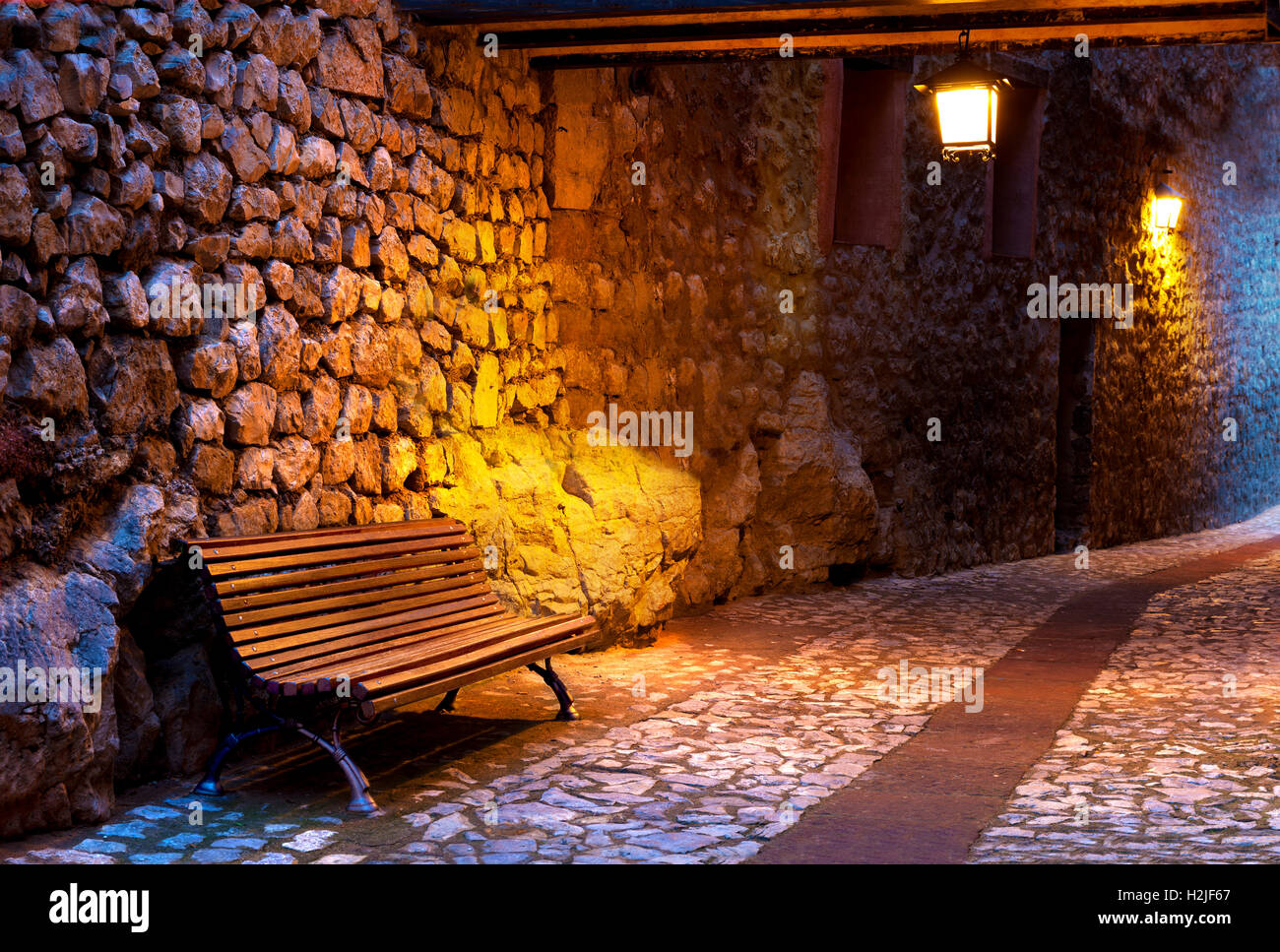 Rural town scenery.Bench and lamp on village Stock Photo