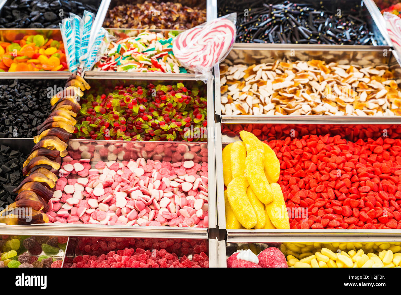 Assortment of sweets in a candy shop in a flea market in Olbia