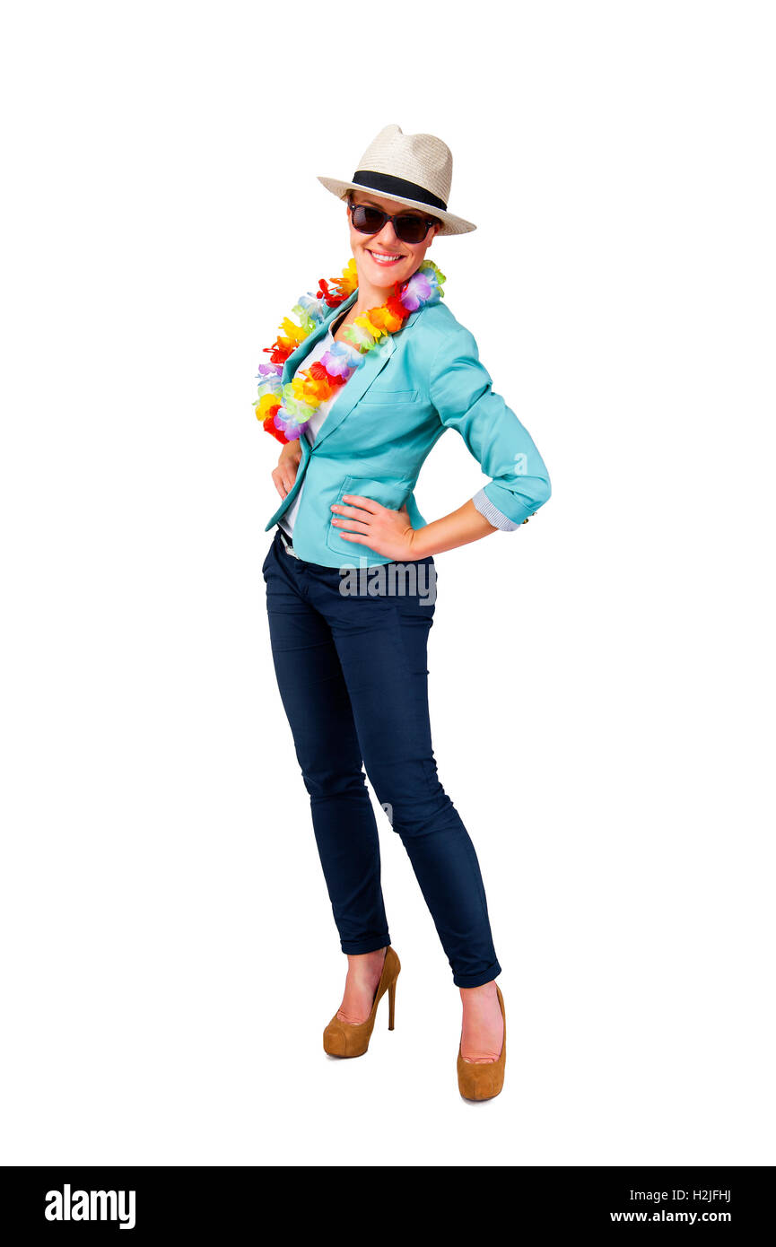 woman with hawaii flowers and sunglasses smiling over white background Stock Photo