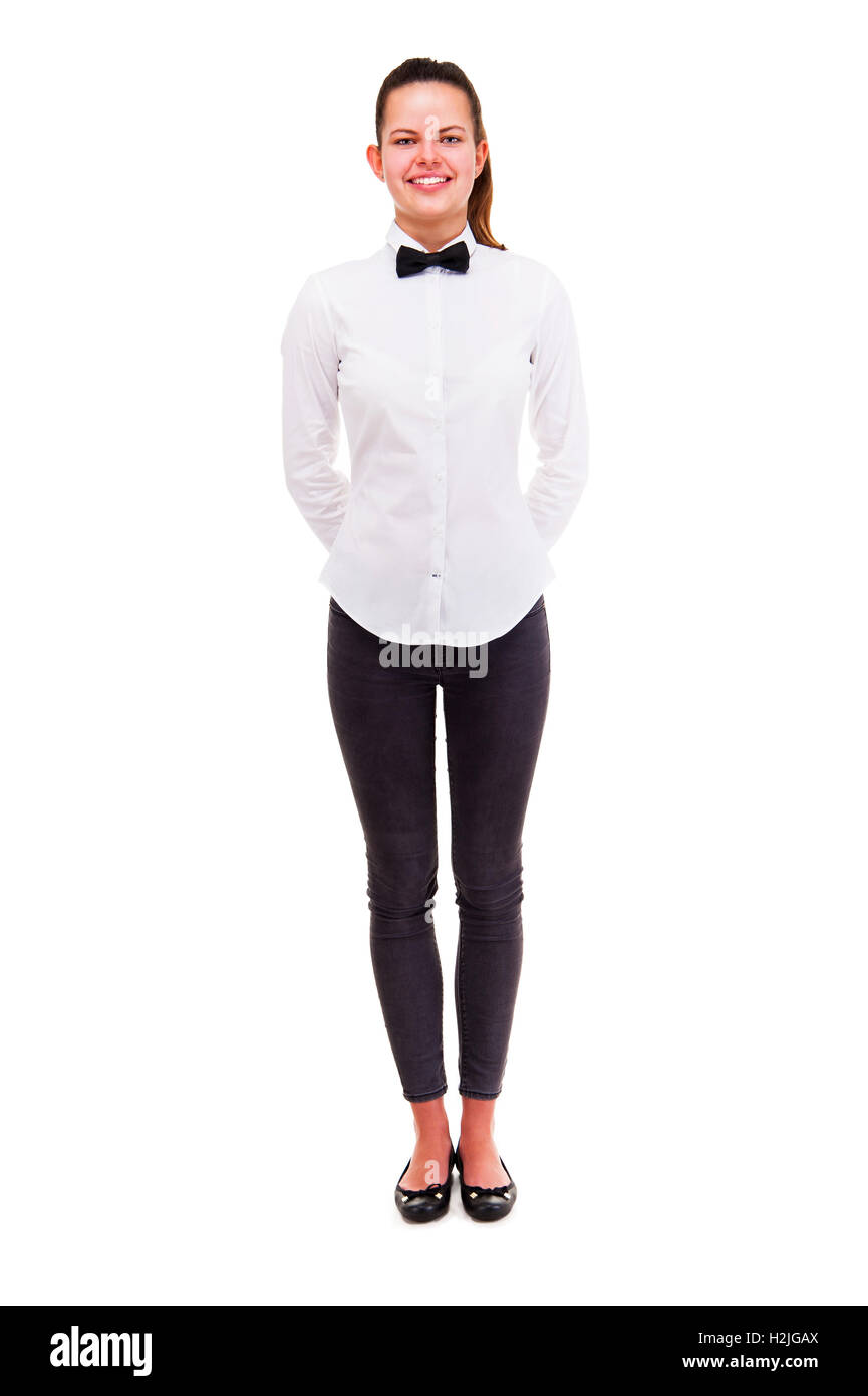 Young woman in waiter uniform isolated over white background Stock Photo Alamy