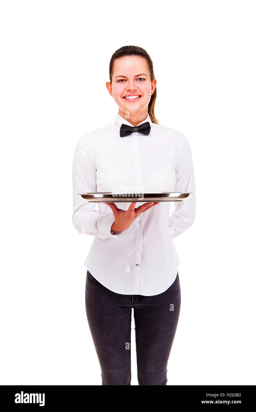 Young woman in waiter uniform holding