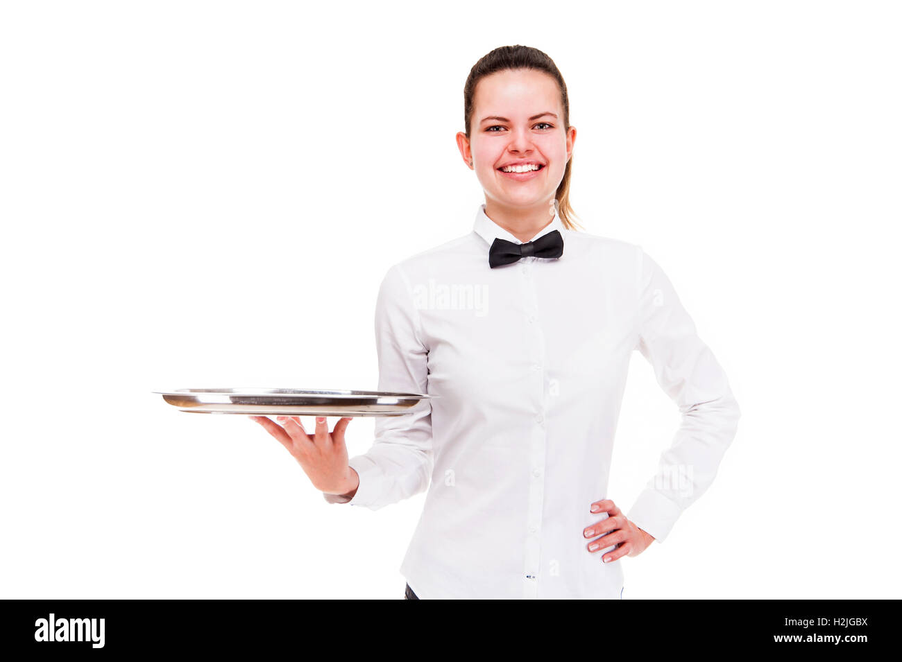 Young waitress on white background Stock Photo Alamy Young waitress on white background Stock Photo Alamy