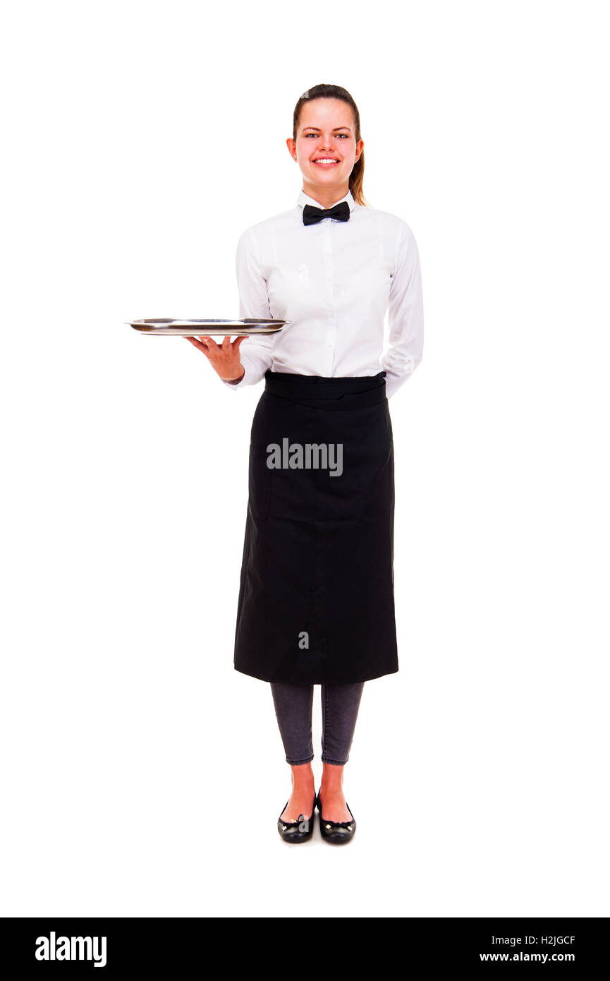 Young woman in waiter uniform holding tray isolated over white background Stock Photo Alamy