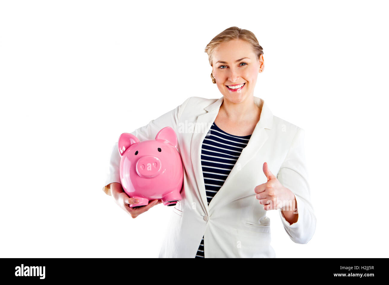 Happy woman with her savings in a piggy bank - isolated Stock Photo - Alamy