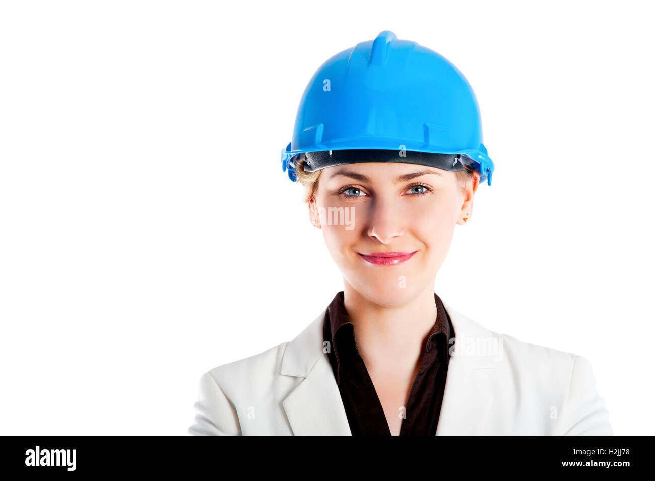 photo of female constructor or architekt with hard hat over white background Stock Photo