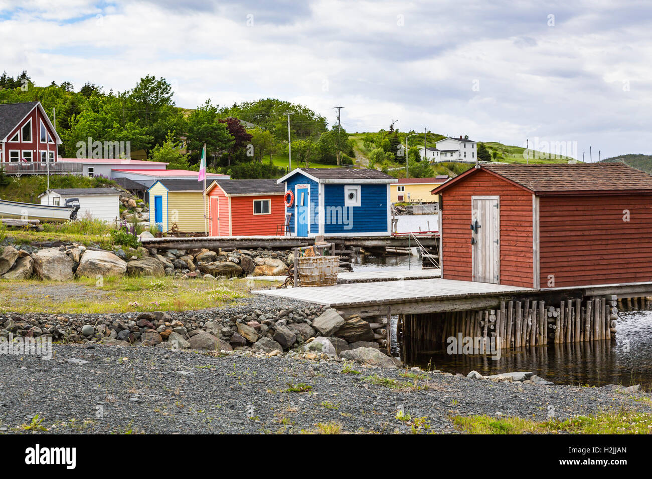 Fishing boats and colorful fishing stages in New Perlican, Newfoundland and Labrador, Canada