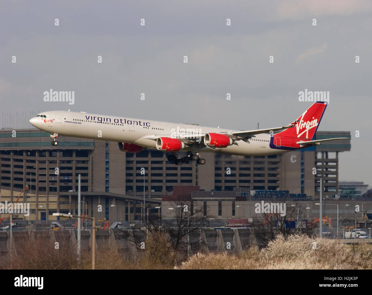 G-VOGE Virgin Atlantic Airways Airbus A340-642 on final approach to London Heathrow. 4th March 2008. Stock Photo