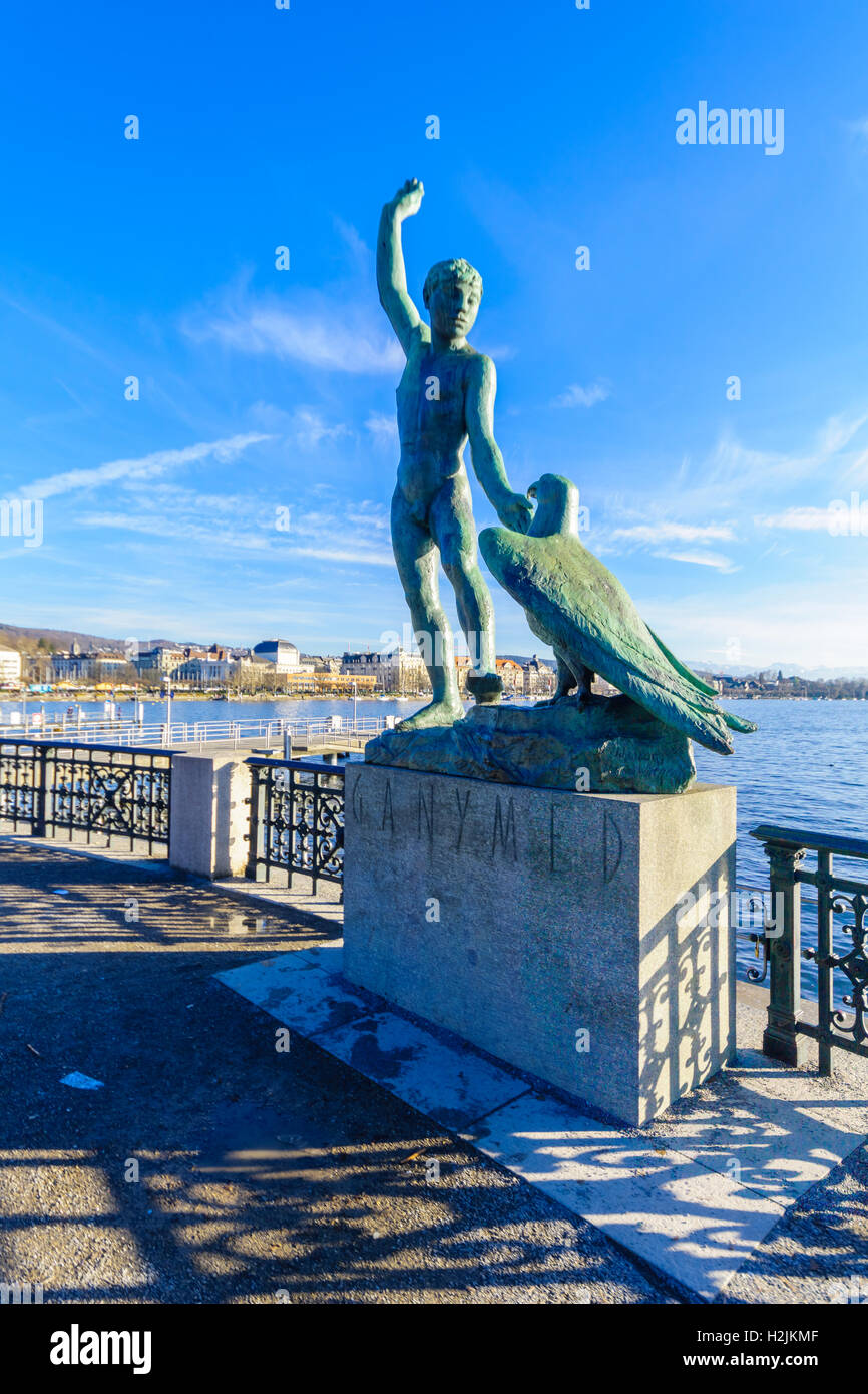ZURICH, SWITZERLAND - DECEMBER 24, 2015: View of the bank of Lake Zurich, with Ganymede statue, in Zurich, Switzerland Stock Photo