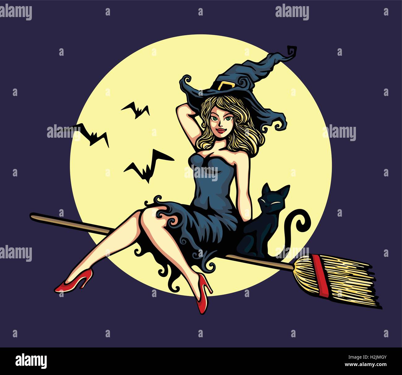 Sexy cute pin-up girl in witch halloween costume riding magic flying broom stick with black cat and full moon vector cartoon ill Stock Vector