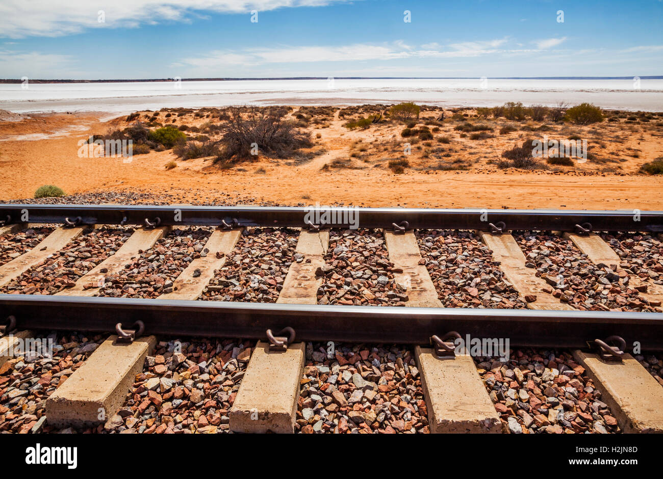 railway track of the New Ghan at Lake Hart near the Stuart Highway, South Australia Stock Photo