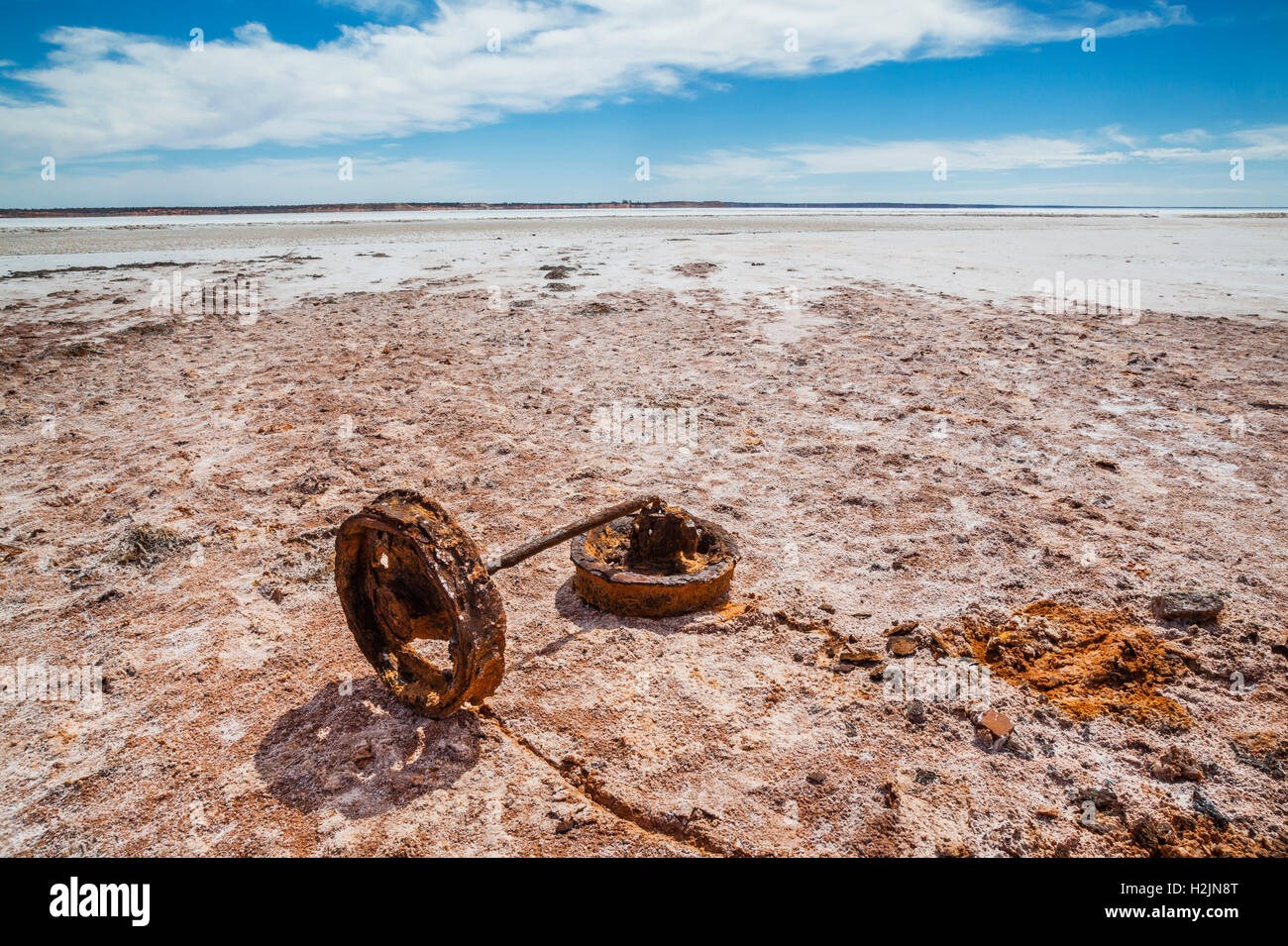 rusty scrap on the shores  of Lake Hart, a salt lake near the Stuart Highway, South Australia Stock Photo