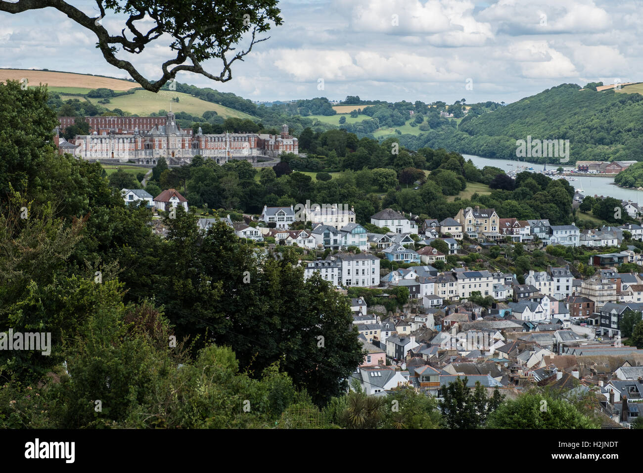 A view overlooking Dartmouth the Britannia Royal Naval College and the River Dart, South Hams, Devon, England, UK. Stock Photo