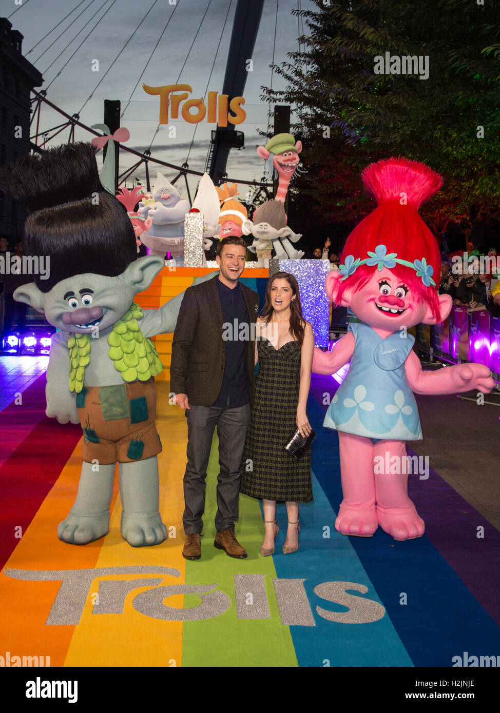 London, UK. 29 September 2016. Justin Timberlake and Anna Kendrick with  troll characters from the movie. Anna Kendrick and Justin Timberlake launch  the movie TROLLS and light up The London Eye at