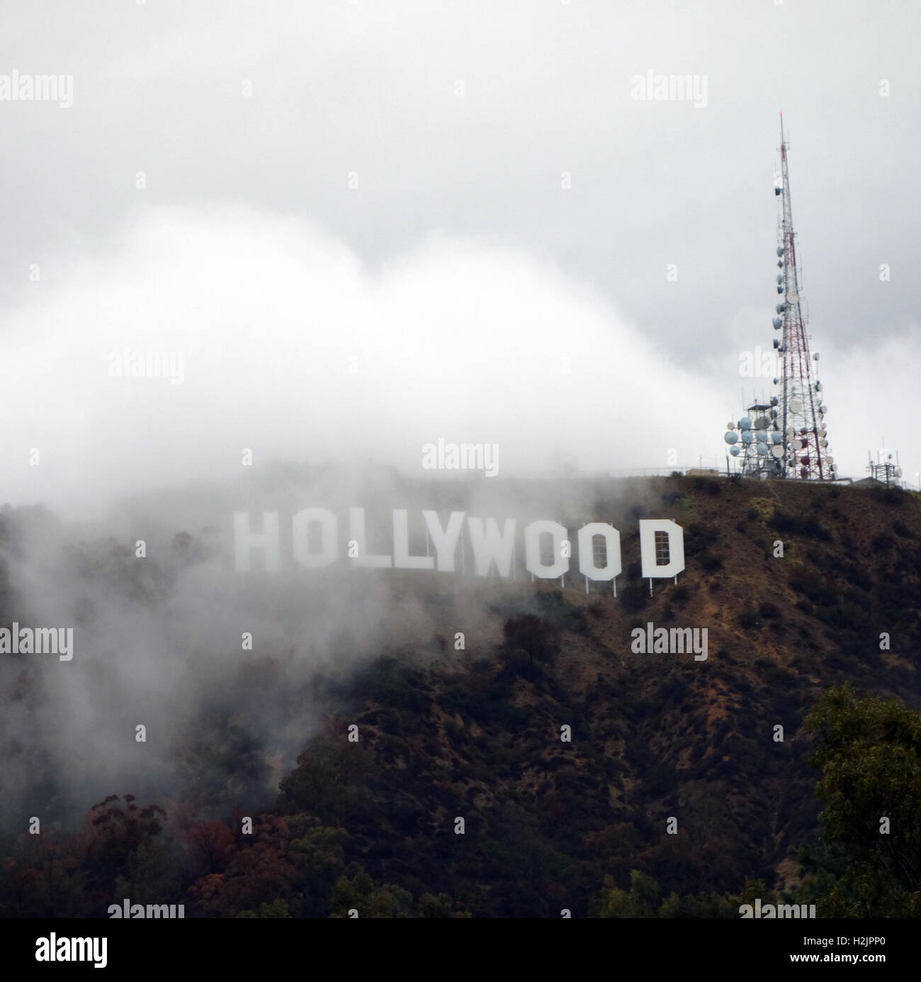 Hollywood Sign obscured by fog Stock Photo
